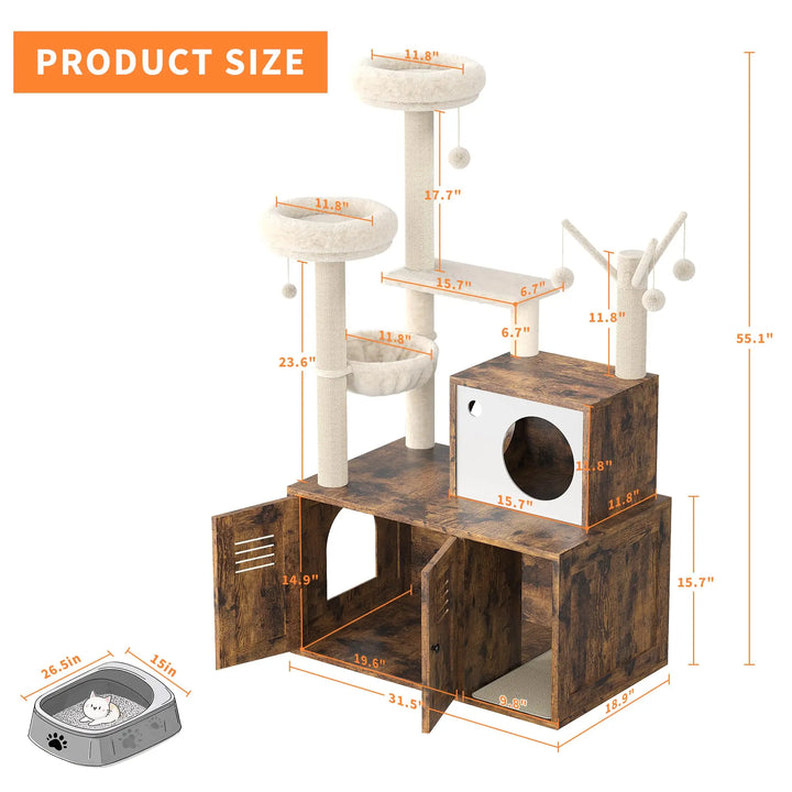 Arbre à Chat Bois design avec Bac à Litière - Modèle WoodNest