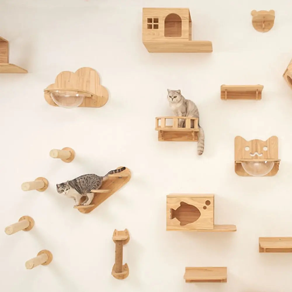 Wooden wall-mounted cat tree with transparent tube - MerveillesMurales