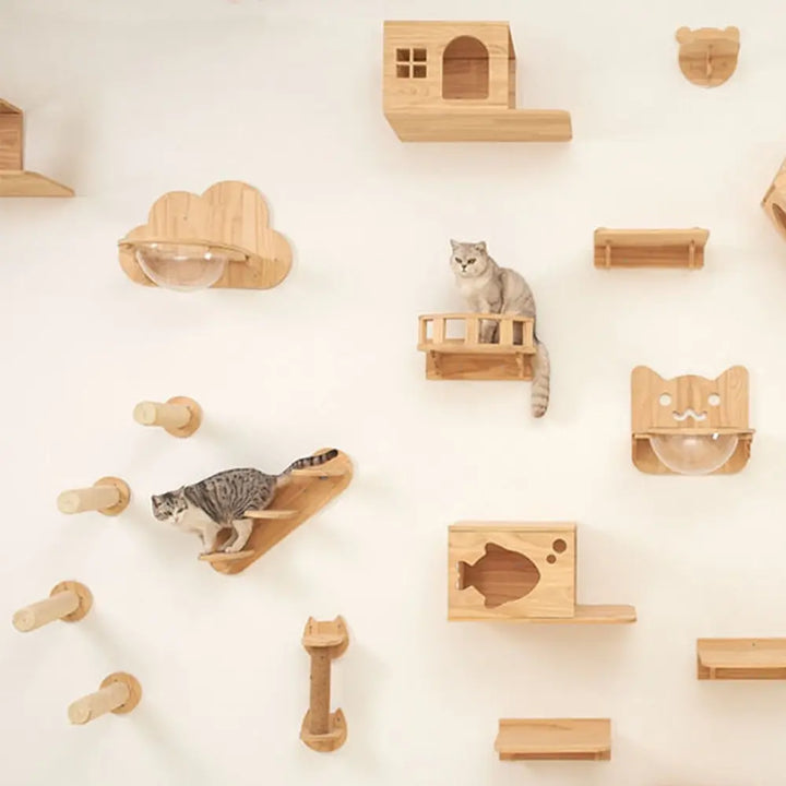 Wooden wall-mounted cat tree with transparent tube - MerveillesMurales