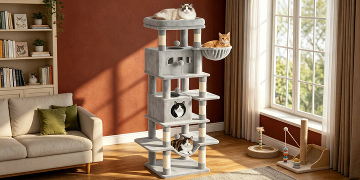 Arbre à chat 210 cm marron camel avec grande plateforme et hamac