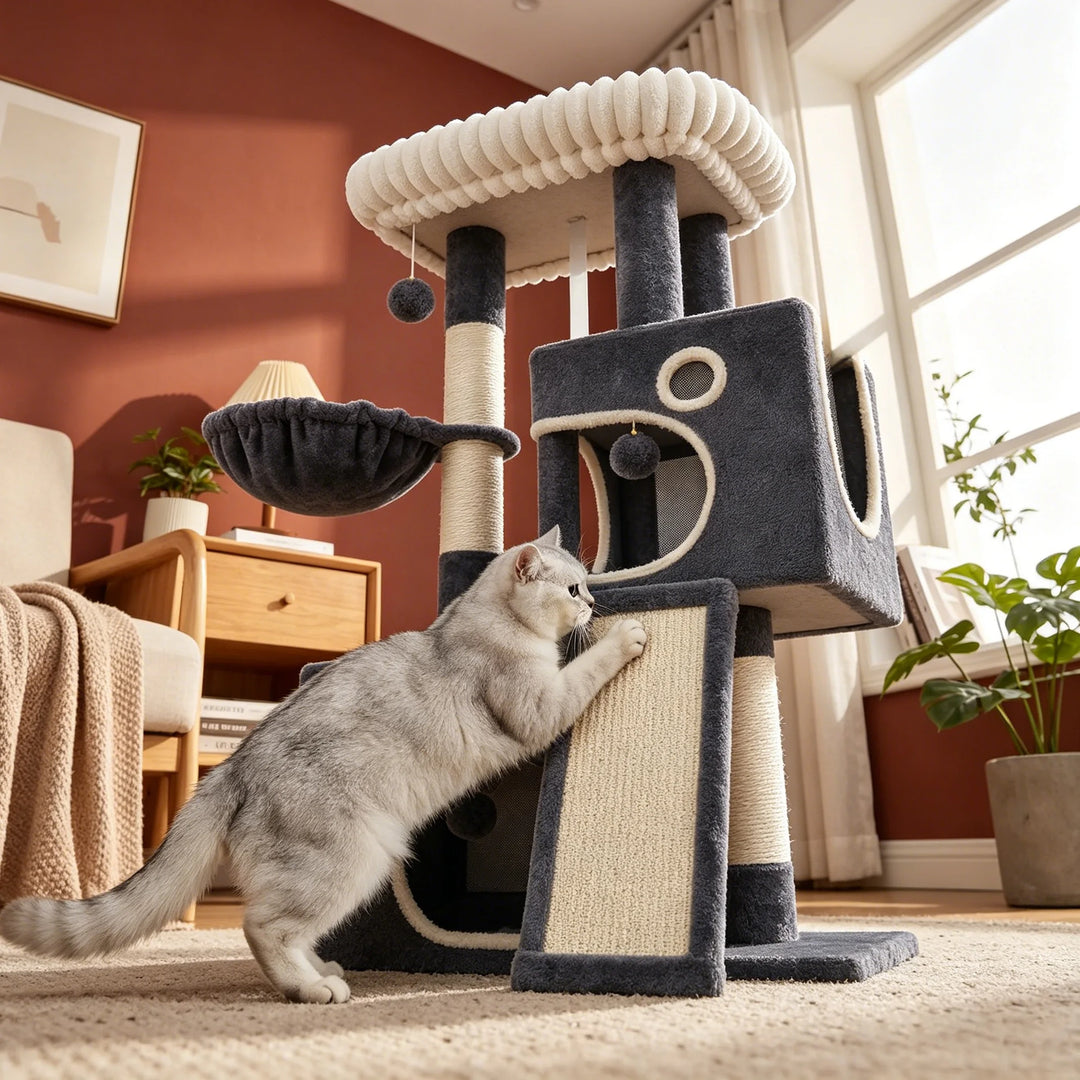 Arbre à chat 113 cm gris anthracite avec niche et rampe en sisal