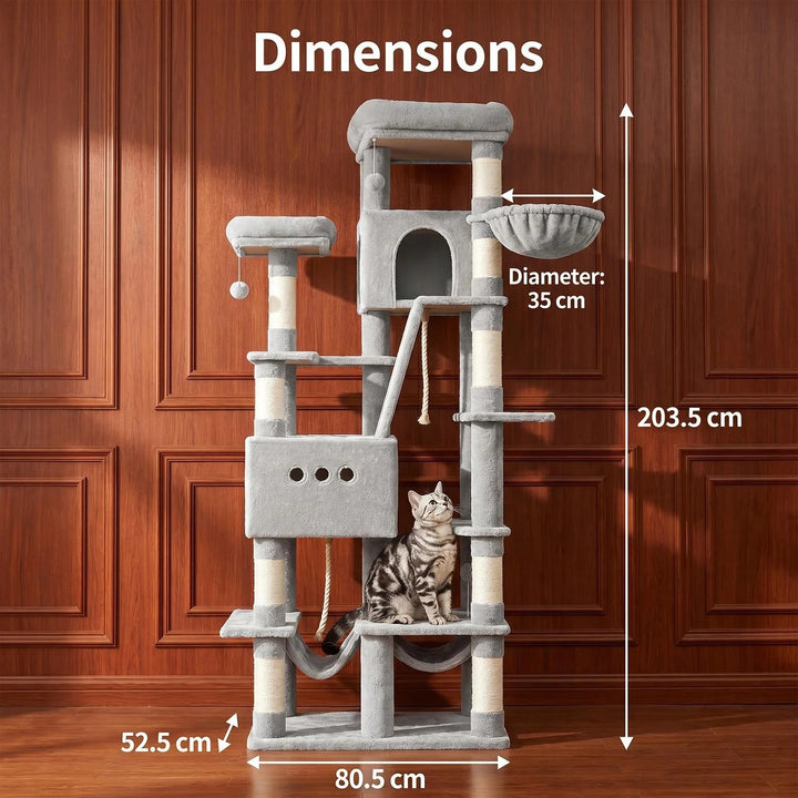 Arbre à chat XXL 201 cm gris clair pour Maine Coon avec hamacs