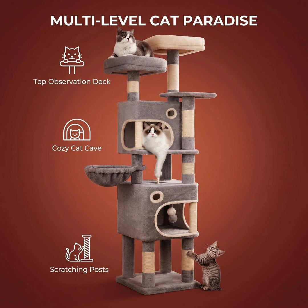 Arbre à chat 159 cm avec plateformes, niches et griffoirs en sisal
