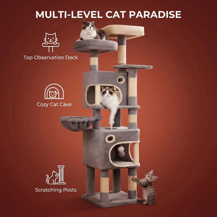 Arbre à chat 159 cm avec plateformes, niches et griffoirs en sisal