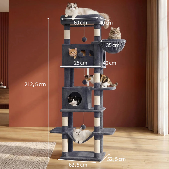 Arbre à chat 210 cm marron camel avec grande plateforme et hamac