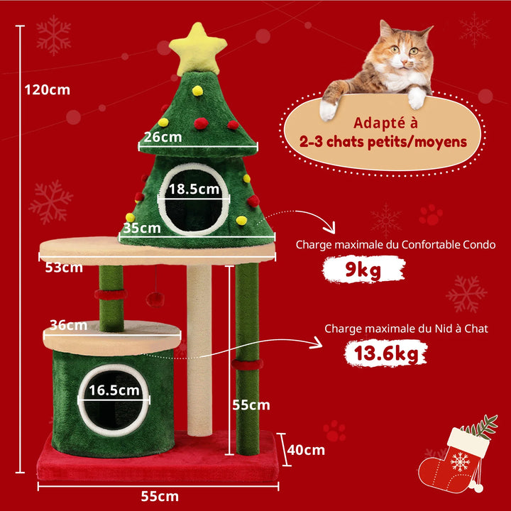 Arbre à chat design sapin de Noël avec cabane et griffoirs