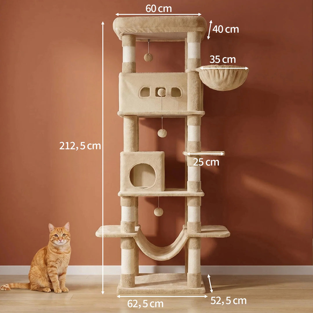 Arbre à chat 210 cm marron camel avec grande plateforme et hamac