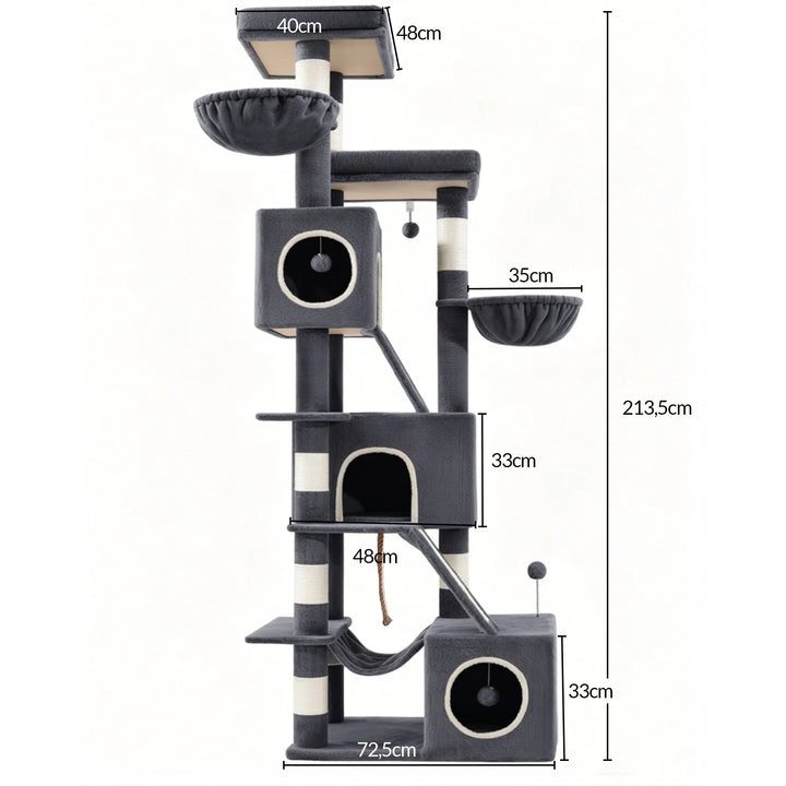 Arbre à chat XXL 211 cm gris clair avec trois niches et hamac