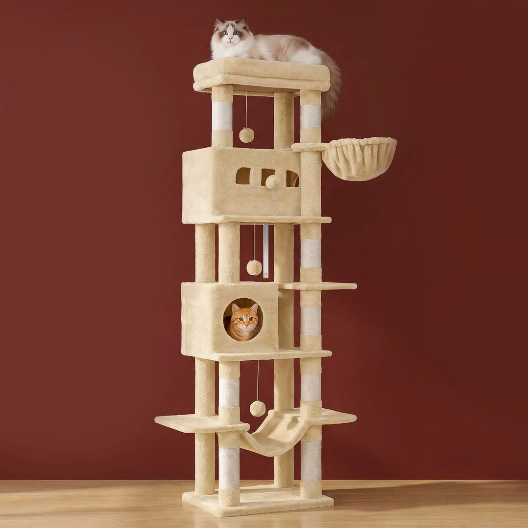 Arbre à chat 210 cm marron camel avec grande plateforme et hamac