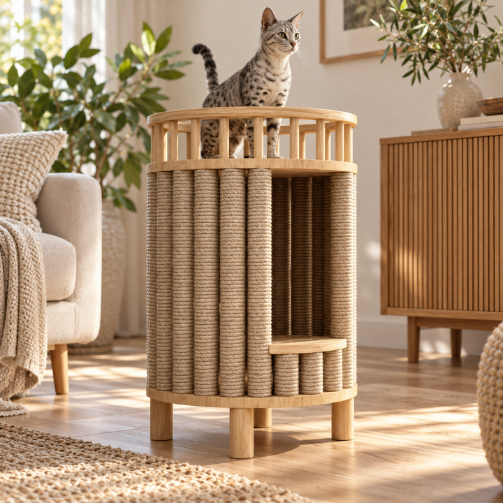 Designer Kratzbaum aus Holz - Möbel mit Kratzbaum - Integrierte Katzentoilette - Rund
