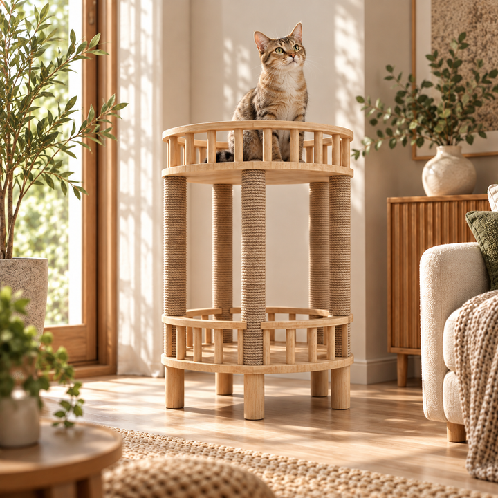 Designer Kratzbaum aus Holz - Möbel mit Kratzbaum - Integrierte Katzentoilette - Rund