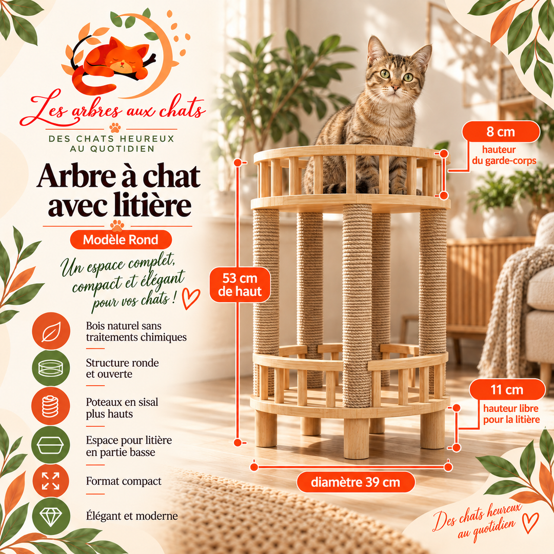 Designer Kratzbaum aus Holz - Möbel mit Kratzbaum - Integrierte Katzentoilette - Rund