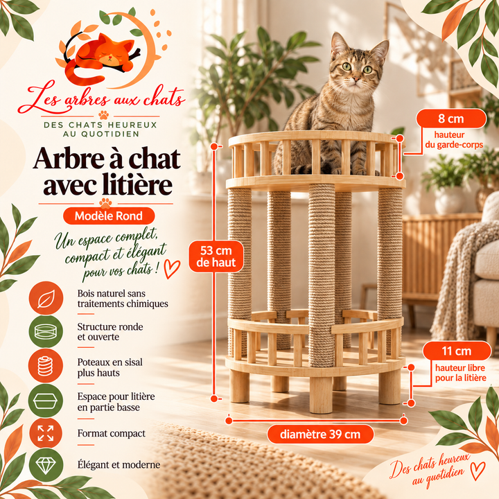 Designer Kratzbaum aus Holz - Möbel mit Kratzbaum - Integrierte Katzentoilette - Rund