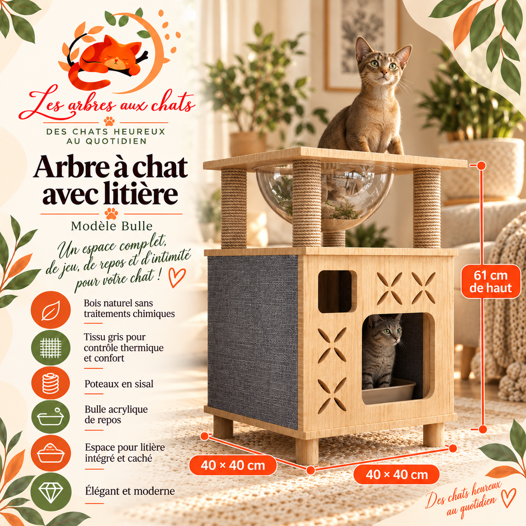 Arbre a chat design en bois - Meuble avec griffoir - Litière intégrée avec Hamac