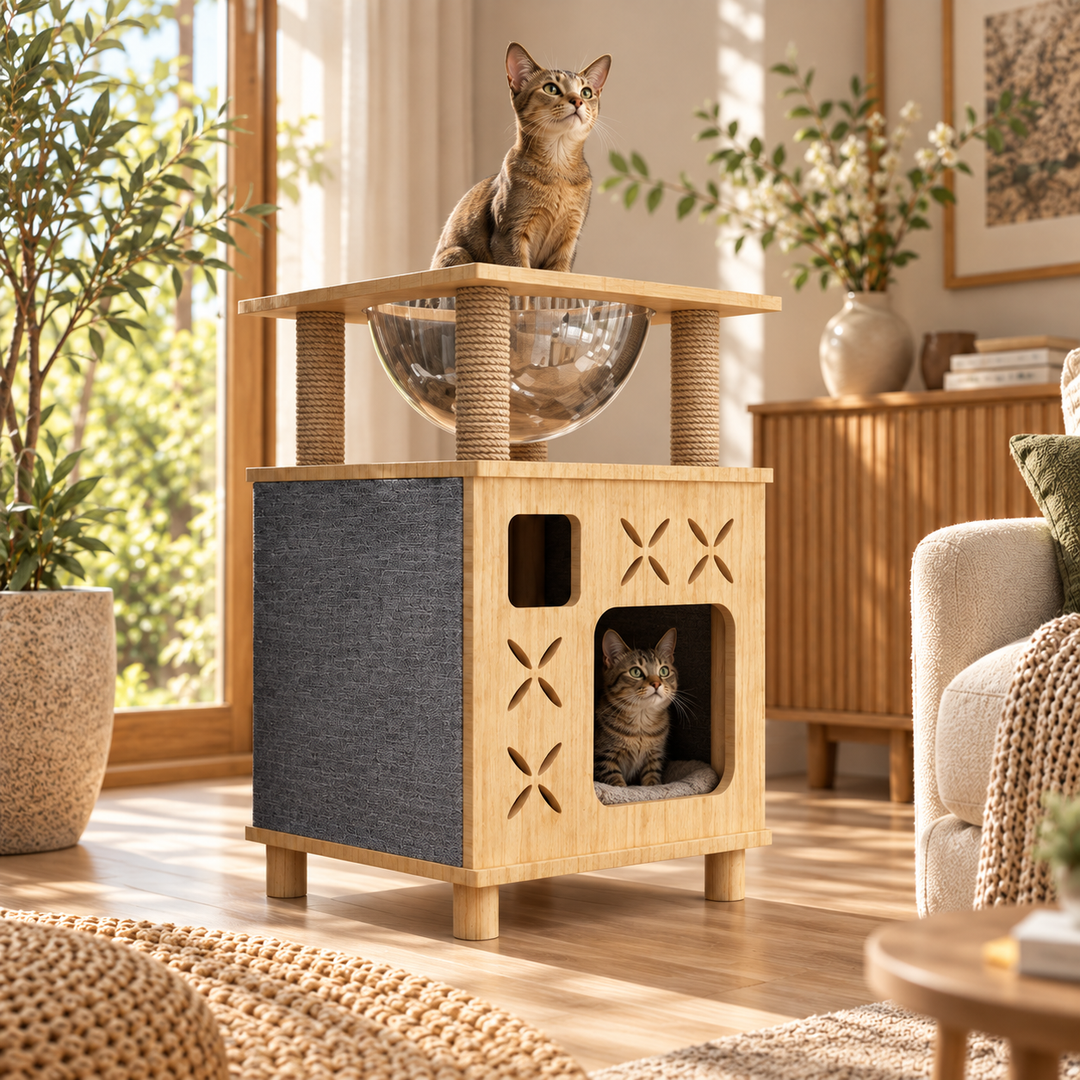 Arbre a chat design en bois - Meuble avec griffoir - Litière intégrée avec Hamac