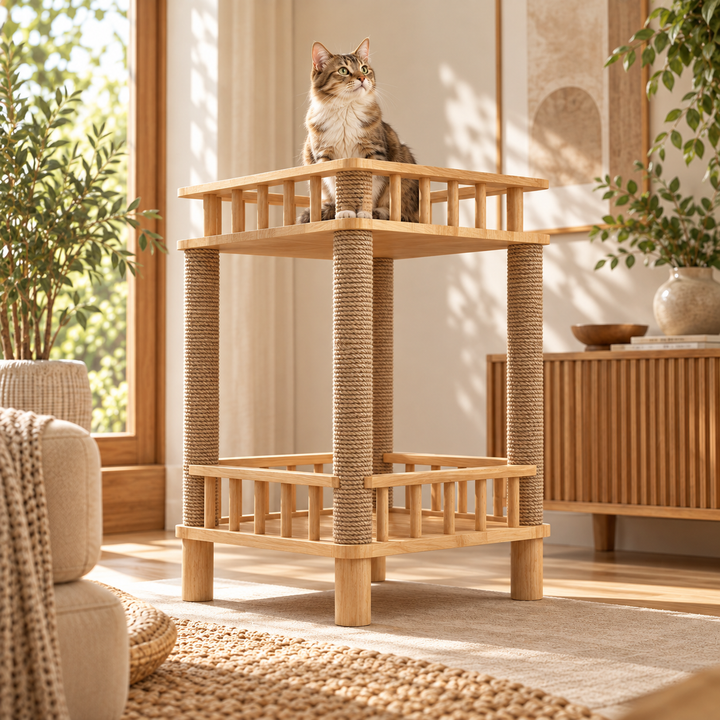 Designer-Kratzbaum aus Holz – Möbel mit Kratzbaum – Integrierte Katzentoilette – Rechteckig