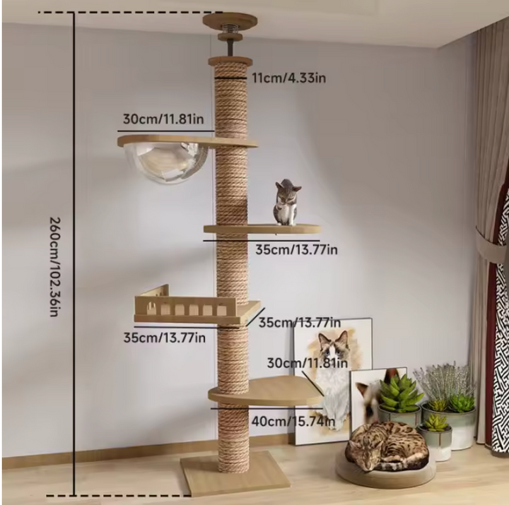 XXL natural wood cat tree from floor to ceiling with hammock, Suitable for large cats, Maine Coon - Model: "SkyCat"