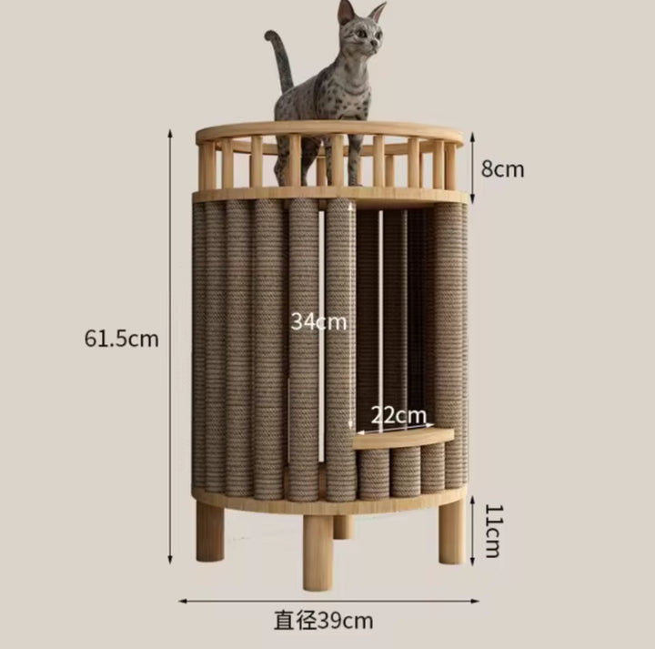 Designer wooden cat tree - Furniture with scratching post - Integrated litter box - Round