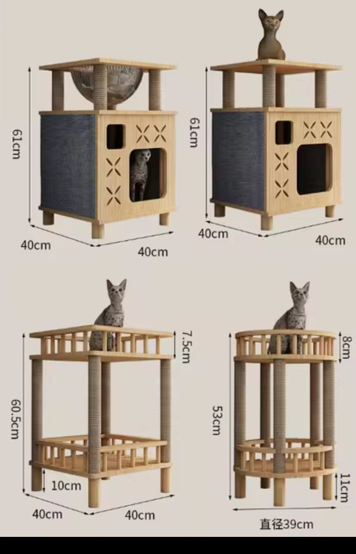 Designer wooden cat tree - Furniture with scratching post - Integrated litter box - Closed