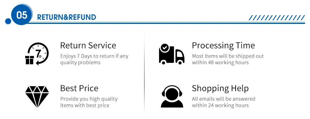 Politique de retour, service client et délais de traitement pour achats en ligne.