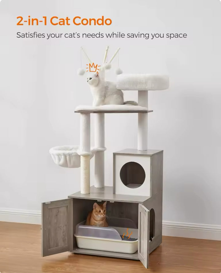 Designer Wooden Cat Tree with Litter Box - LuxeNest Model 