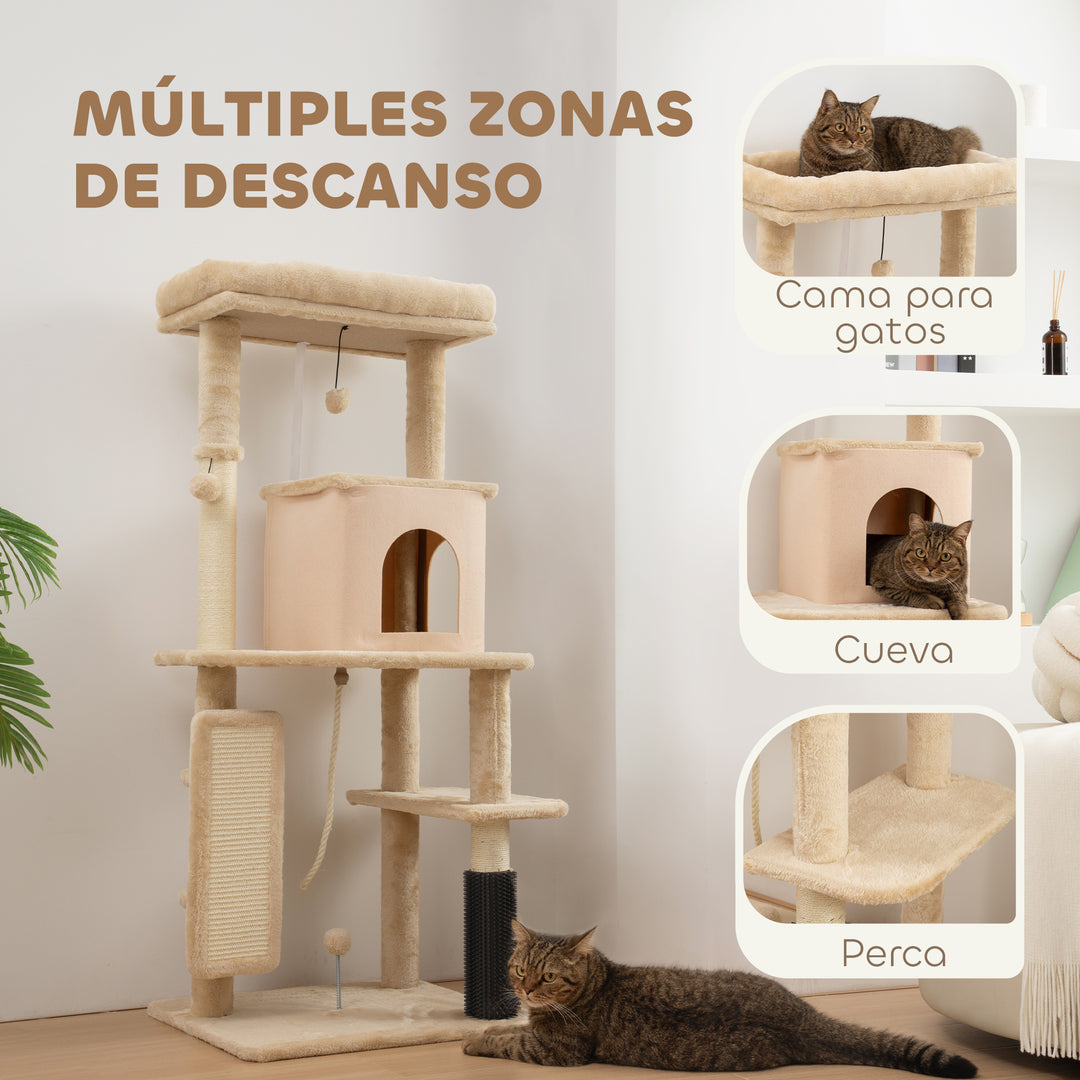 Arbre à chat 132 cm beige avec brosse intégrée et niche