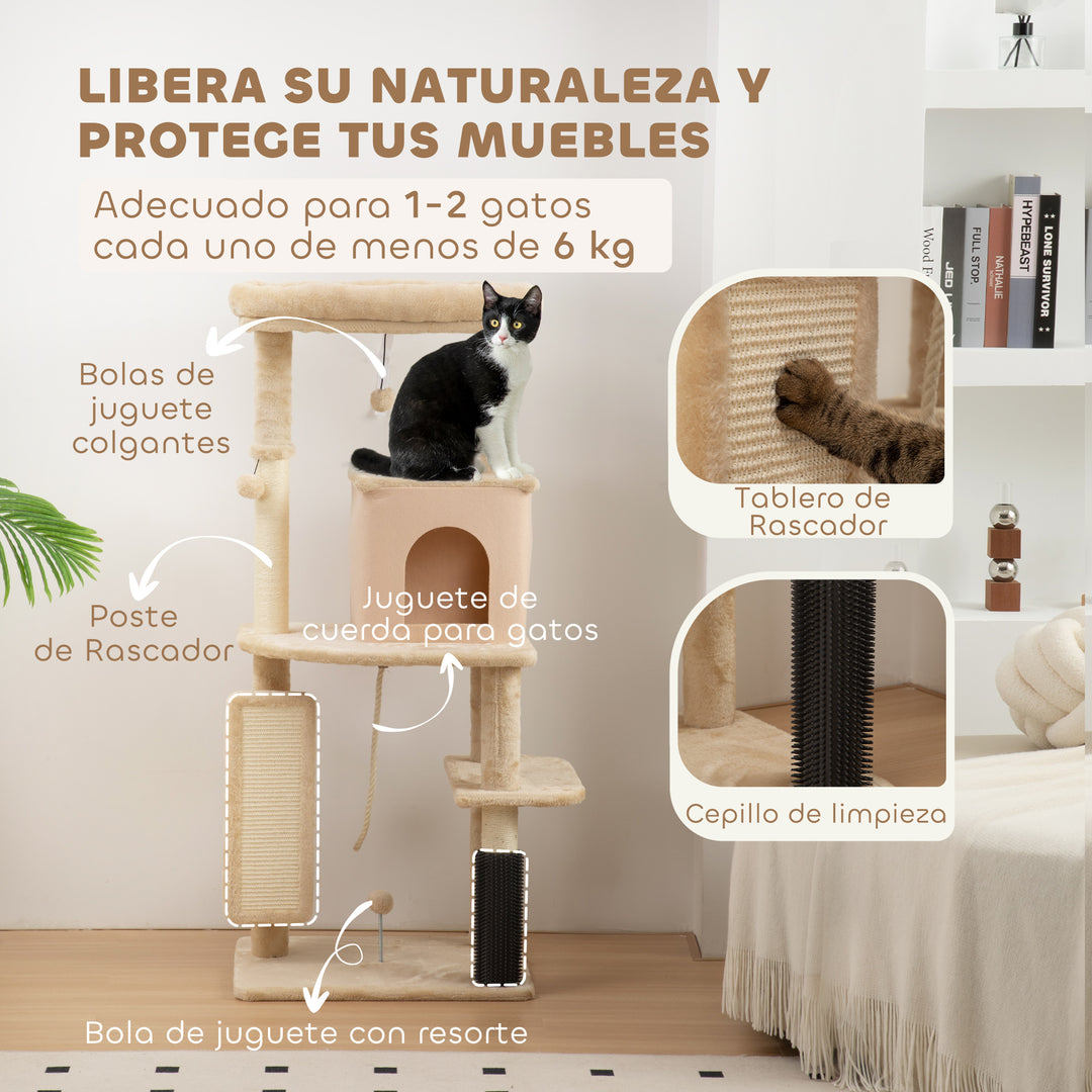 Arbre à chat 132 cm beige avec brosse intégrée et niche
