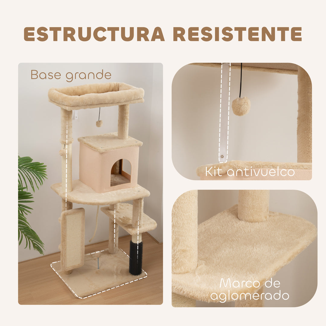 Arbre à chat 132 cm beige avec brosse intégrée et niche