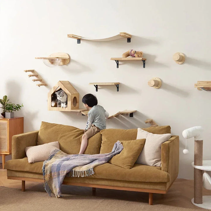 Wall-mounted cat tree - Perching platform - Ropes and wood