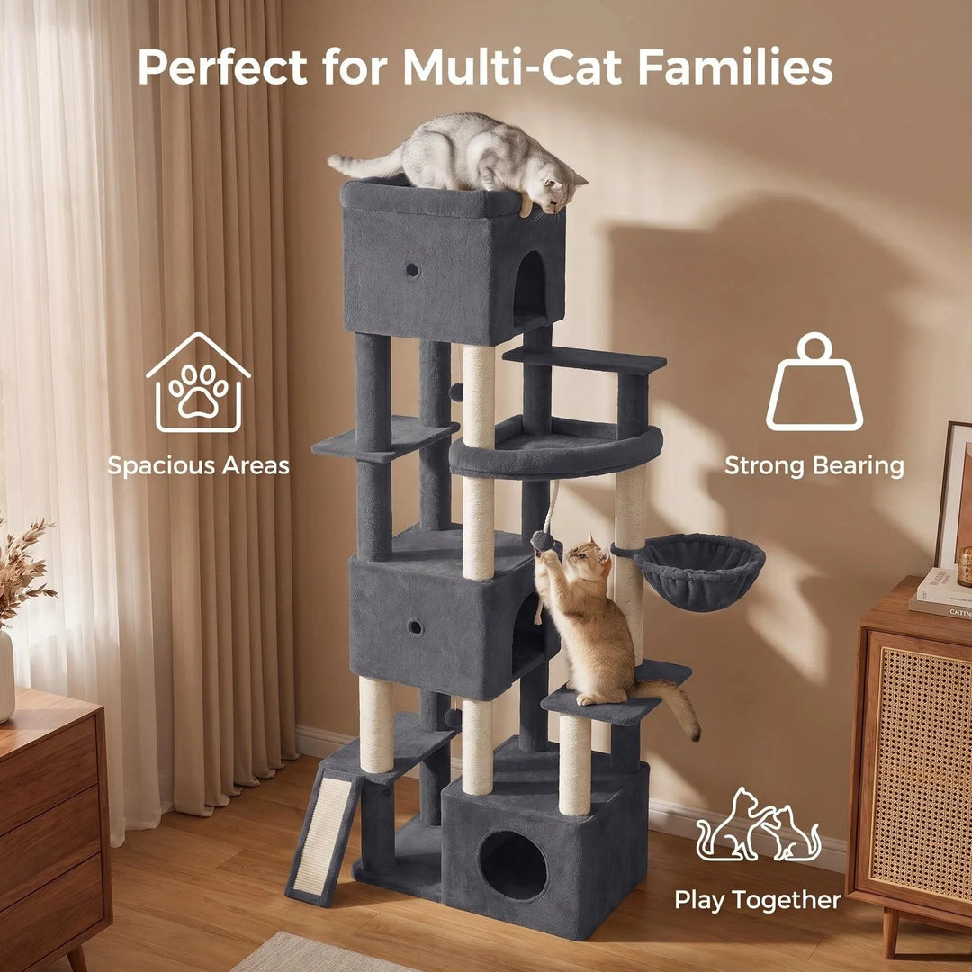 Arbre à chat XXL 202 cm gris foncé avec trois niches et hamac