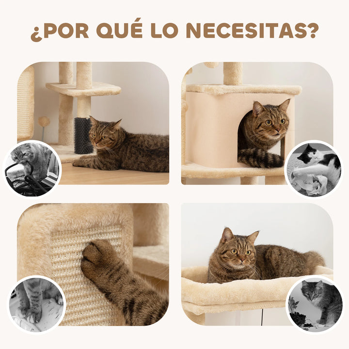 Arbre à chat 132 cm beige avec brosse intégrée et niche