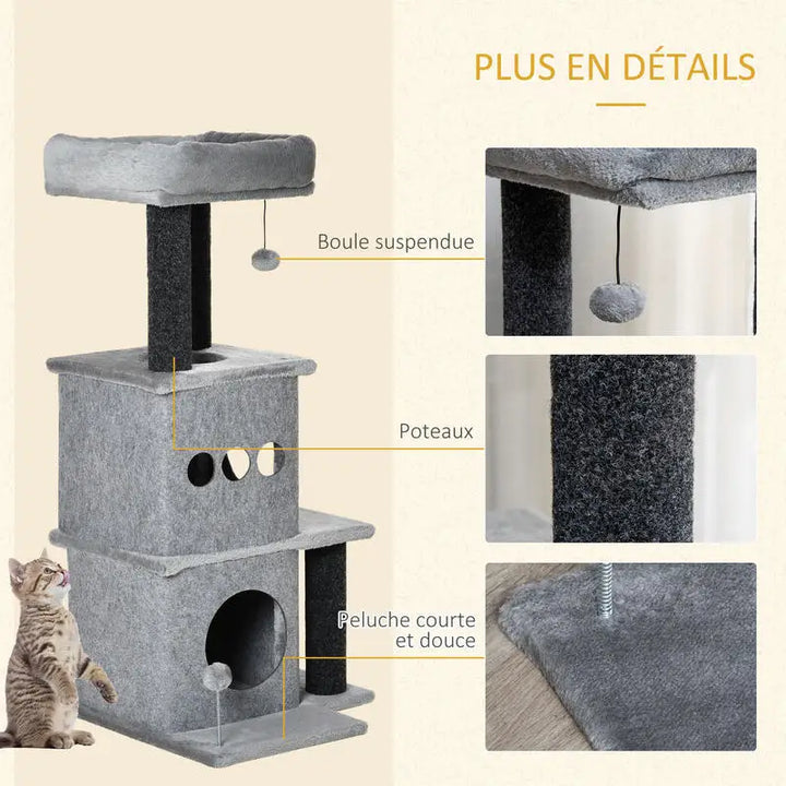 Arbre à chat 100 cm gris avec niches et plateformes