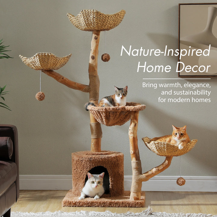 Arbre à chat 150 cm en bois massif avec panier tressé et plateformes fleur