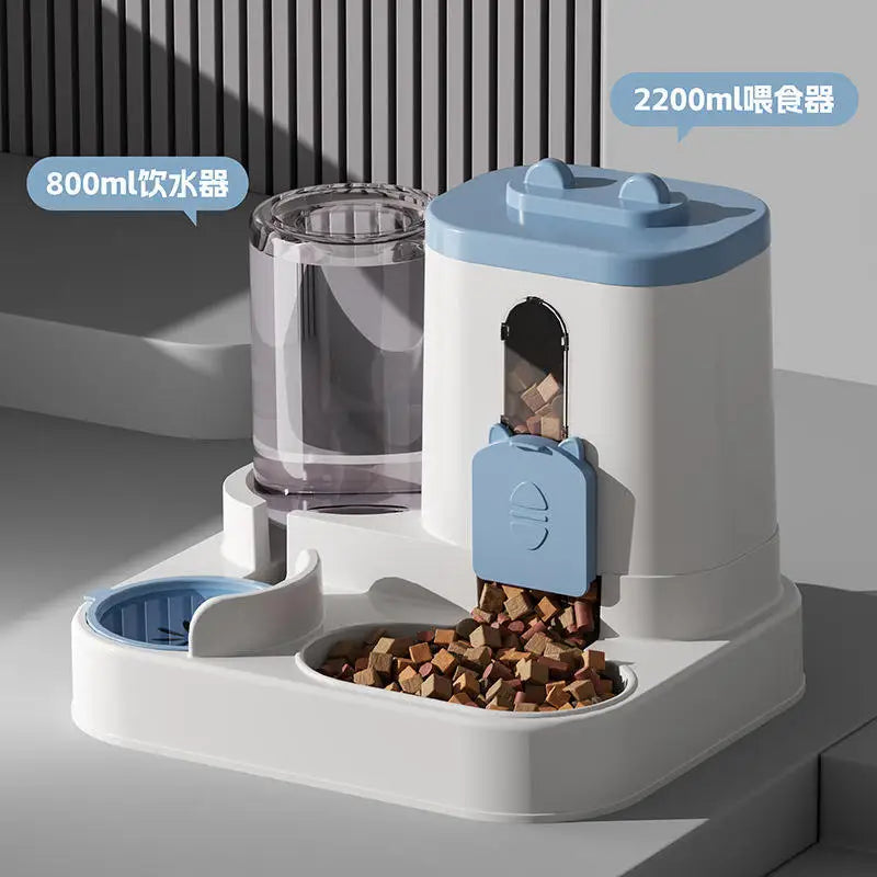 Distributeur automatique pour animaux, 2200 ml de nourriture, 800 ml d'eau, design moderne blanc et bleu.