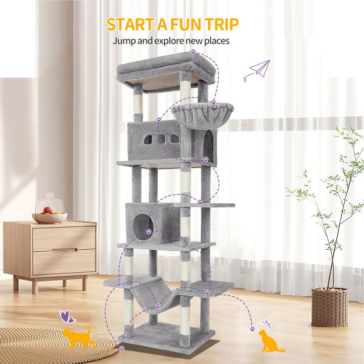 Arbre à chat 210 cm gris clair avec niches, hamac et griffoirs sisal