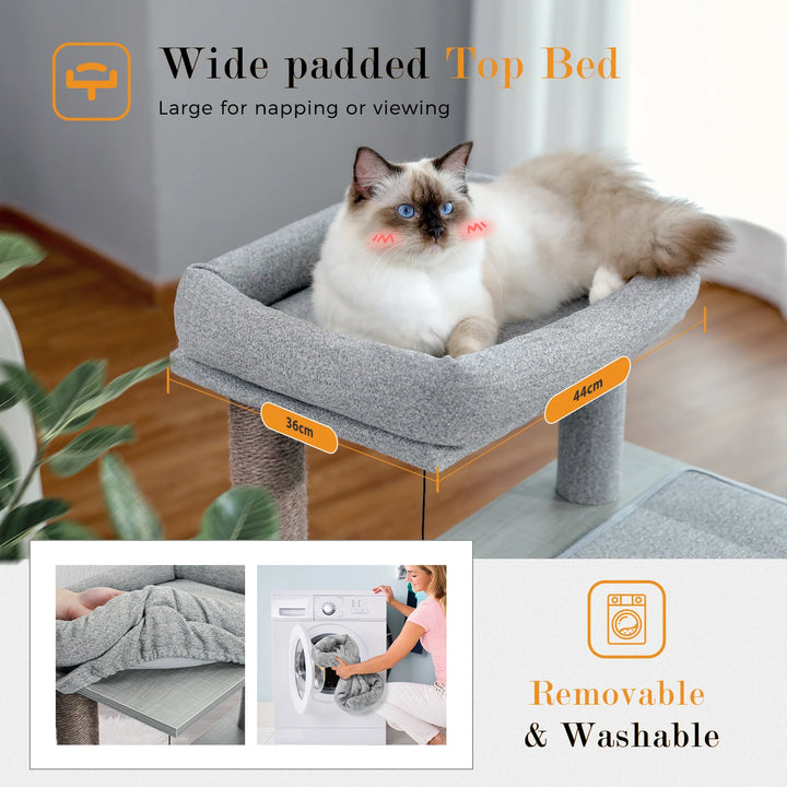 Arbre à chat 89 cm en bois gris avec niches rondes et rampe griffoir