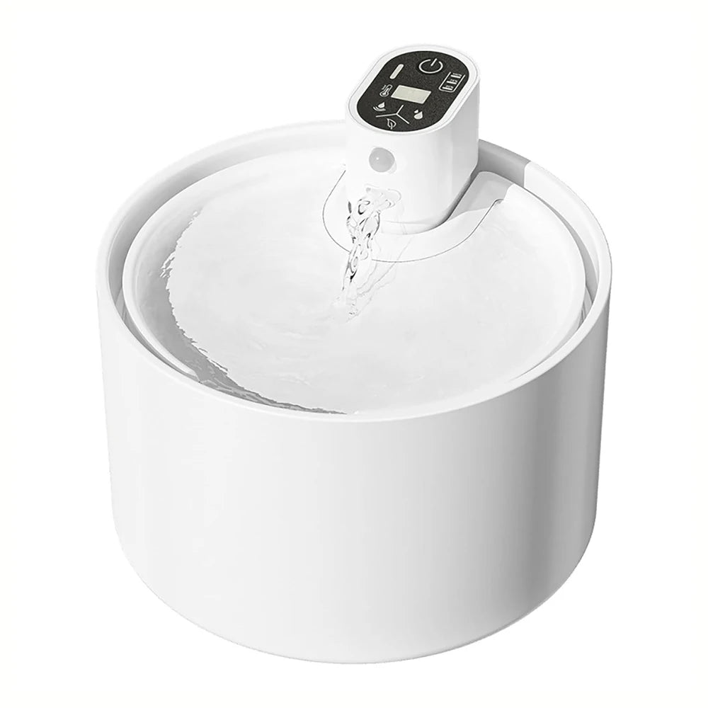 Fontaine d'eau moderne en blanc, avec écran LCD et fonction de circulation silencieuse.