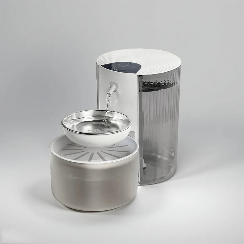 Distributeur d'eau moderne, blanc et acier inoxydable, avec un bol supérieur et une conception élégante.