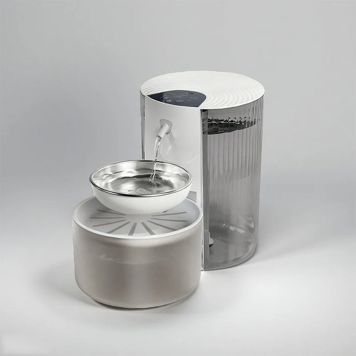 Distributeur d'eau moderne, blanc et acier inoxydable, avec un bol supérieur et une conception élégante.