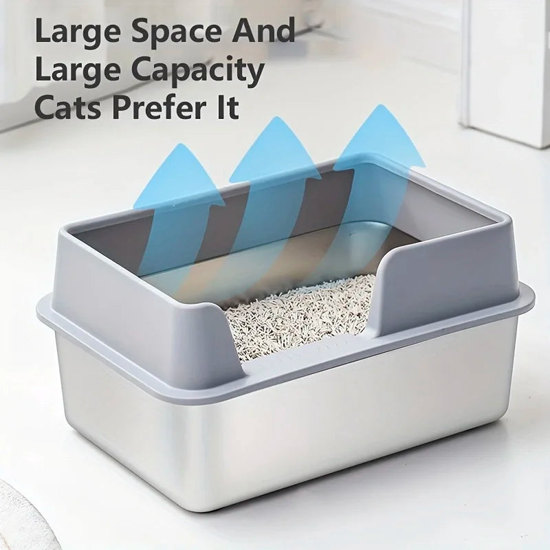 Bac à litière chat en acier inoxydable avec rebords hauts – Modèle "SteelGuard Anti-Projections"
