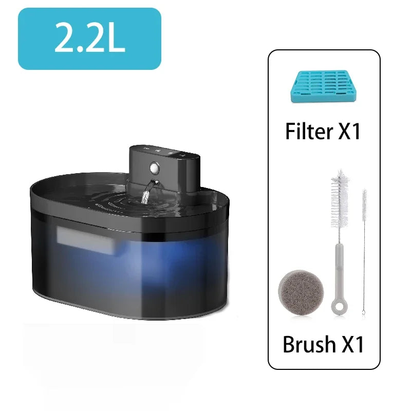 Fontaine à eau pour animaux 2,2L, coloris noir, avec filtre et brosse inclus.