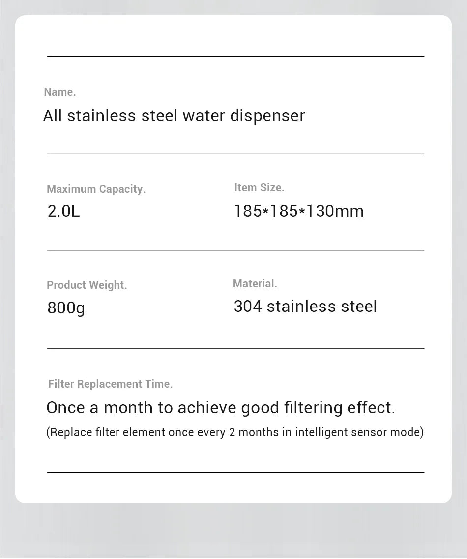 Distributeur d'eau en acier inoxydable 304, capacité 2L, compact 185x185x130mm, léger 800g.