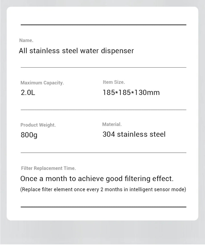Distributeur d'eau en acier inoxydable 304, capacité 2L, compact 185x185x130mm, léger 800g.