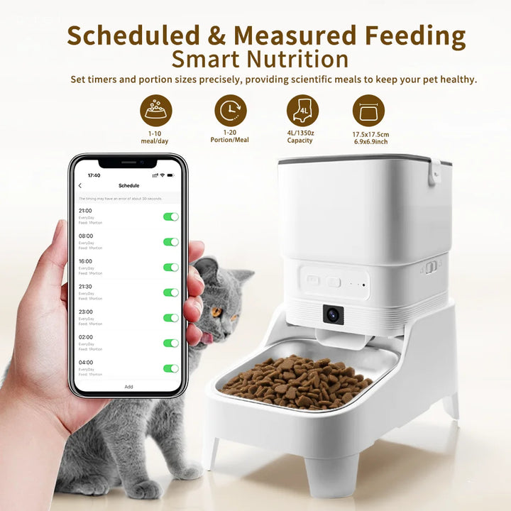 Distributeur automatique de nourriture pour animaux, blanc, capacité 4L, programmable via application mobile.