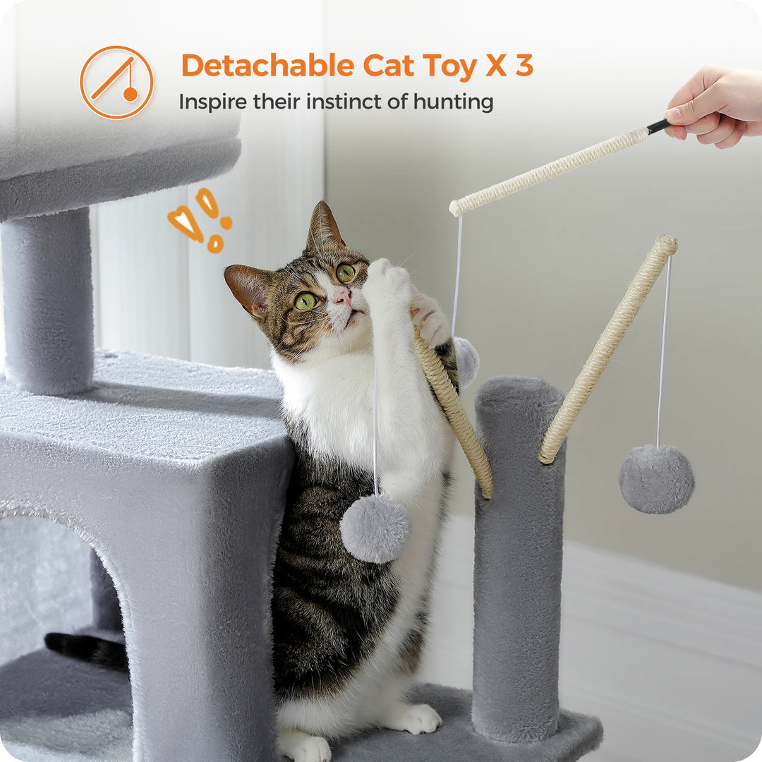 Multi-level Maine Coon cat tree with scratching posts and hammock - Model: "FelineKingdom"