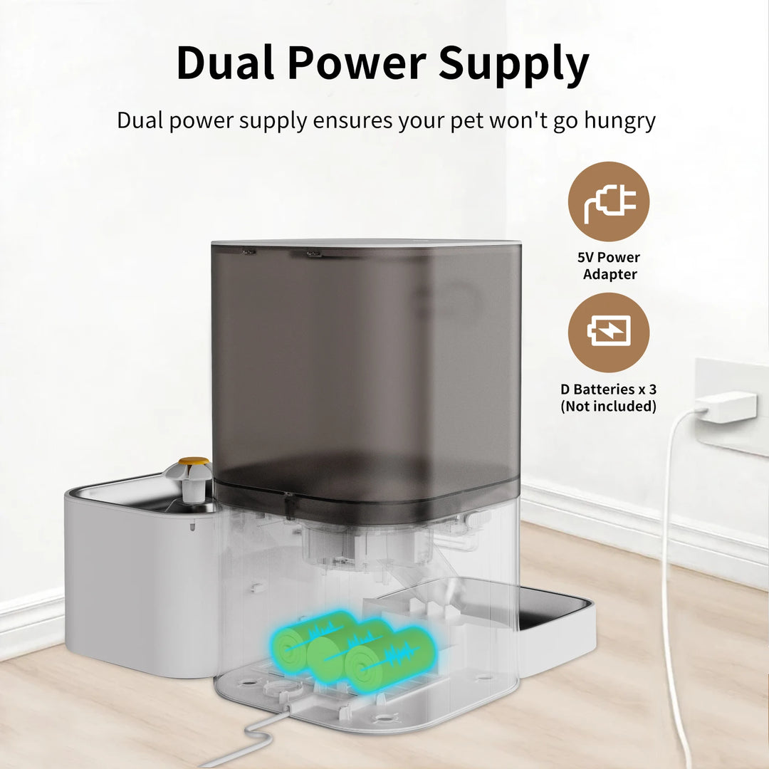 Distributeur de nourriture pour animaux avec alimentation double, adaptateur 5V, design transparent et moderne.