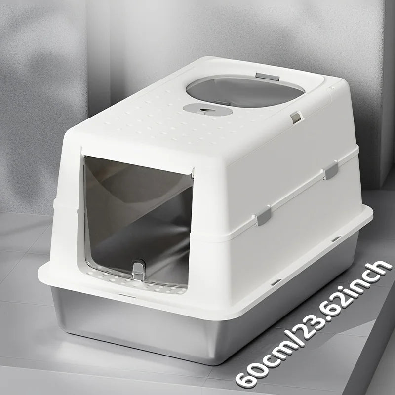 Bac à litière chat en acier inoxydable avec couvercle basculant – Modèle "SteelFlip Premium"