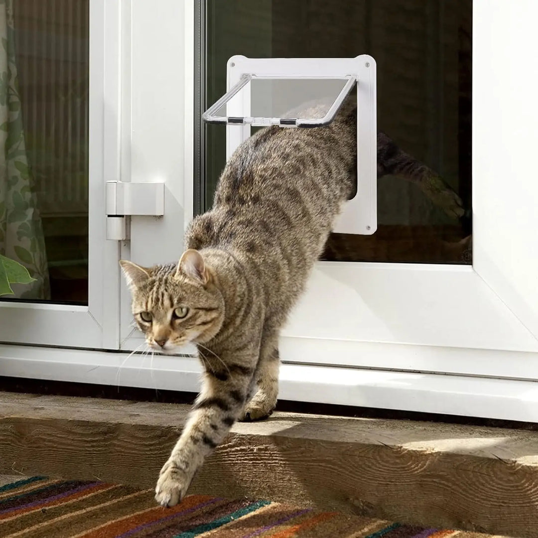 Porte pour chat en plastique blanc, permettant une sortie facile pour les chats, avec structure durable et design moderne.