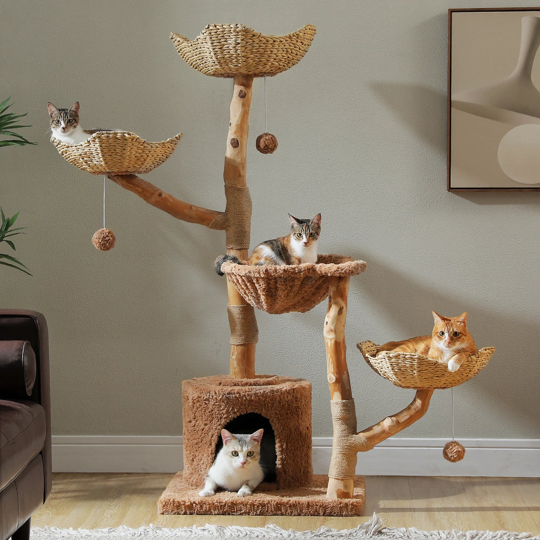Arbre à chat 150 cm en bois massif avec panier tressé et plateformes fleur