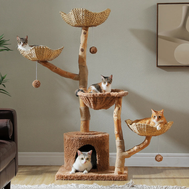 Arbre à chat 150 cm en bois massif avec panier tressé et plateformes fleur